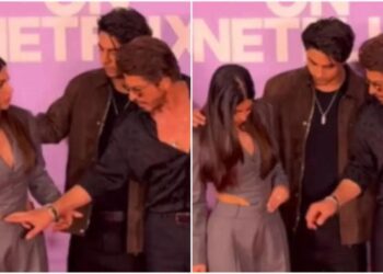 Shah Rukh Khan sweetly fixes daughter Suhana Khan’s dress at event, showcases their heartwarming bond: શાહરૂખ ખાને ઈવેન્ટમાં દીકરી સુહાના ખાનનો ડ્રેસ ઠીક કર્યો, બાપ દિકરીનું બોન્ડિંગ જોવા મળ્યું