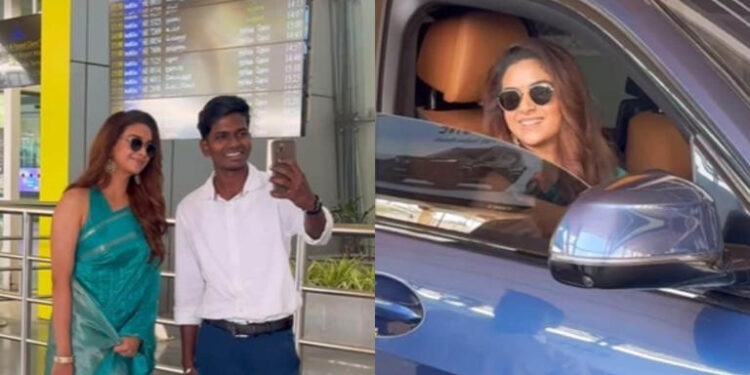 Keerthy Suresh Looks Stunning In Saree, Clicks Selfie With Fan At Airport :કીર્તિ સુરેશ સાડીમાં ખૂબ જ સુંદર લાગી રહી છે, એરપોર્ટ પર ચાહક સાથે સેલ્ફી ખેંચે છે.