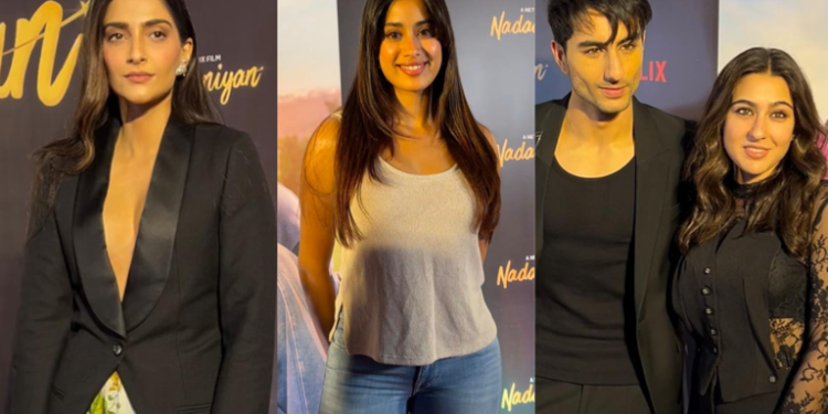 Nadaaniyan Premiere: Sara-Ibrahim Twin in Black, Janhvi Keeps It Casual While Sonam Opts For Striking Look: નાદાનિયાં પ્રીમિયર: સારા-ઇબ્રાહિમ બ્લેકમાં ટ્વીન, જાહ્નવી કેઝ્યુઅલ તો સોનમ સ્ટ્રાઇકિંગ લુક પસંદ કરે છે