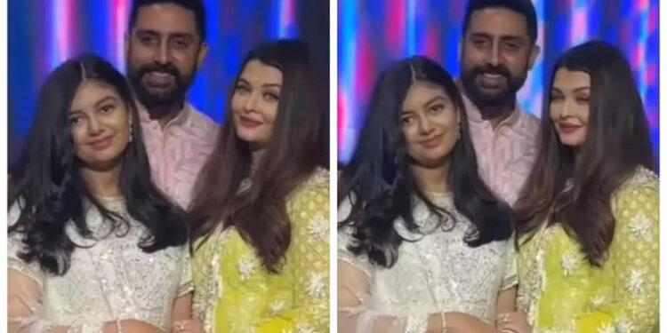 Aishwarya Rai, Aaradhya, and Abhishek Bachchan pose for a happy family picture at cousin’s wedding: પિતરાઈ ભાઈના લગ્નમાં ઐશ્વર્યા રાય, આરાધ્યા અને અભિષેક બચ્ચન એક હેપ્પી ફેમિલી ફોટો પોઝ આપે છે
