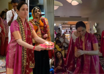 Tamannaah Bhatia seeks blessings at Mata Ki Chowki in a colourful silk suit crafted from saree received as Prasad: પ્રસાદ તરીકે મળેલી સાડીમાંથી બનાવેલા રંગબેરંગી સિલ્ક સૂટમાં તમન્ના ભાટિયા માતા કી ચોકીમાં આશીર્વાદ માંગે છે