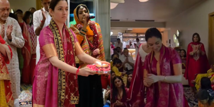 Tamannaah Bhatia seeks blessings at Mata Ki Chowki in a colourful silk suit crafted from saree received as Prasad: પ્રસાદ તરીકે મળેલી સાડીમાંથી બનાવેલા રંગબેરંગી સિલ્ક સૂટમાં તમન્ના ભાટિયા માતા કી ચોકીમાં આશીર્વાદ માંગે છે