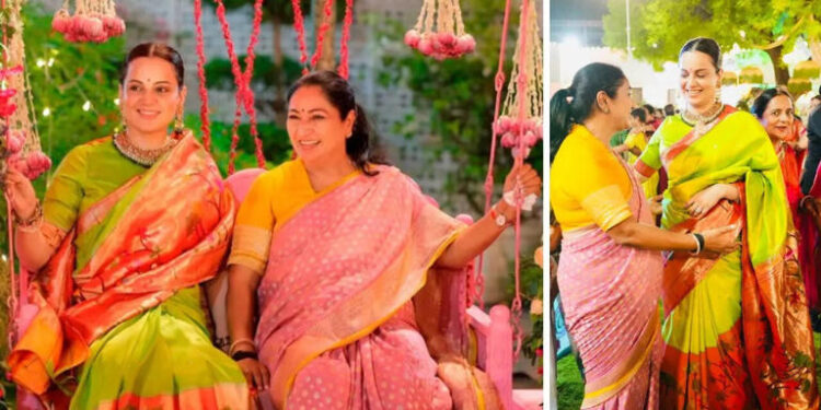 Kangana Ranaut’s lime green silk saree for Delhi CM Rekha Gupta’s Hariyali Teej comes with a coral-pink pallu: દિલ્હીના મુખ્યમંત્રી રેખા ગુપ્તાની હરિયાળી તીજની ઉજવણીમાં કંગના રનૌતનો દેશી અંદાજ, લાઈમ ગ્રીન સિલ્ક સાડી અને પરંપરાગત લુકે ખેંચ્યું સૌનું ધ્યાન